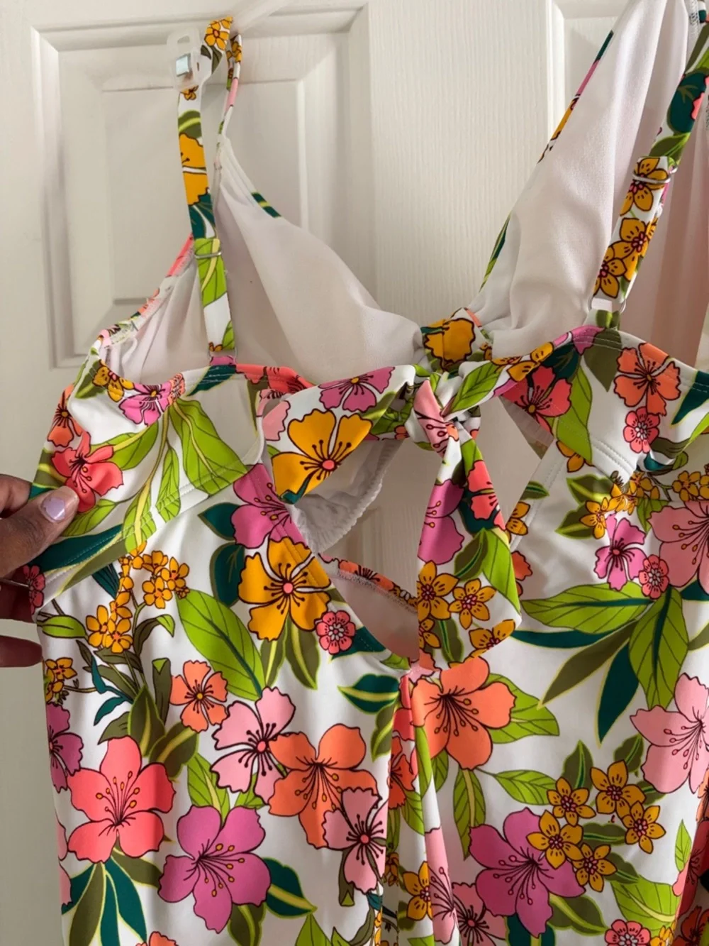 Time and Tru White Floral One-Piece Swimsuit with Pink, Orange & Green 1x - Picture 4 of 5